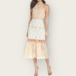 Foxiedox Amelia Lace Halter Midi Dress | Medium | Beige Mermaid Tiered Cottage